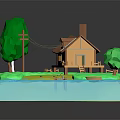 Cartoon Scene Featuring Small Wooden House Green Trees Grass Blue Water Wooden Bridge And Boat
