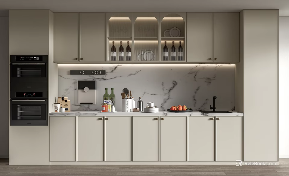 Modern Kitchen Cabinets with Marble Countertop and Glass Door Storage for Wine Bottles and Dishes 3d model 