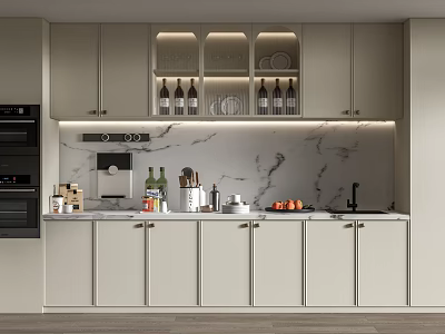 Modern Kitchen Cabinets with Marble Countertop and Glass Door Storage for Wine Bottles and Dishes 3d model