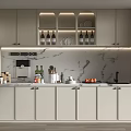 Modern Kitchen Cabinets with Marble Countertop and Glass Door Storage for Wine Bottles and Dishes