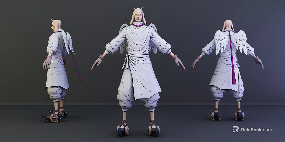 3D Game Character Model With White Robe Wings And Wheel Shoes From Multiple Angles 3d model