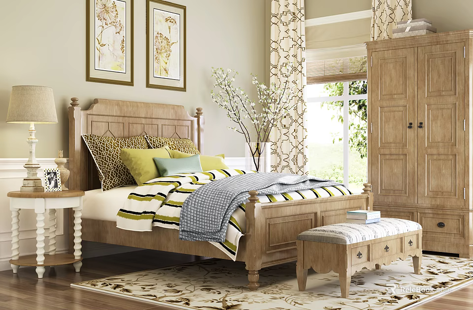 Double Bed with Wooden Headboard Colorful Pillows Striped Blanket Bedside Table and Footstool 3d model 