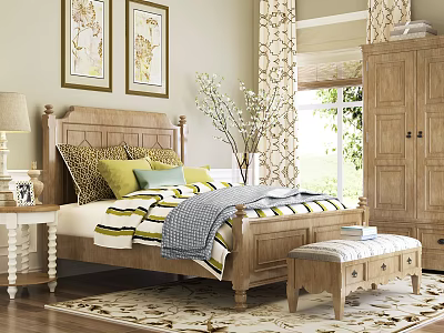 Double Bed with Wooden Headboard Colorful Pillows Striped Blanket Bedside Table and Footstool 3d model