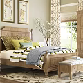 Double Bed with Wooden Headboard Colorful Pillows Striped Blanket Bedside Table and Footstool