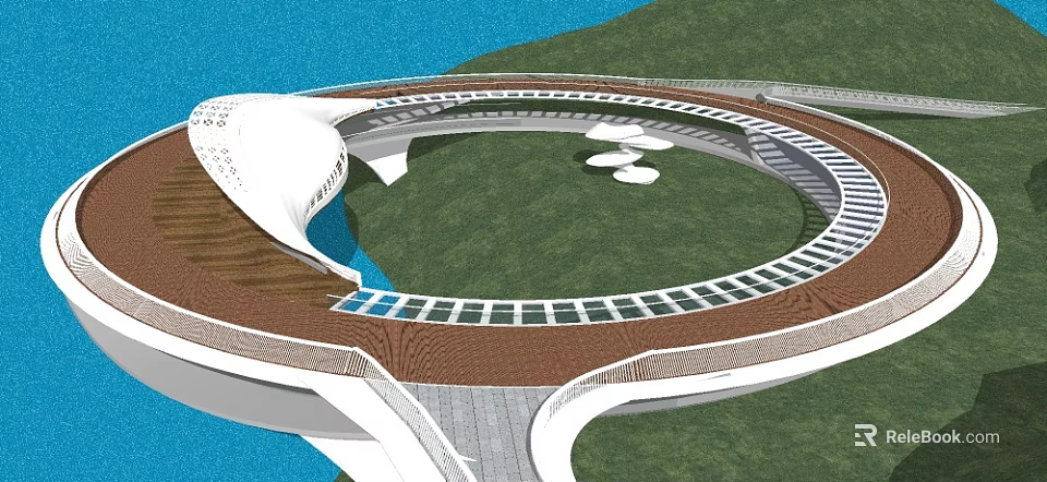 Waterfront Landscape Design With Circular Walkway Green Lawn Wooden Structure And White Architectural Elements 3d model 