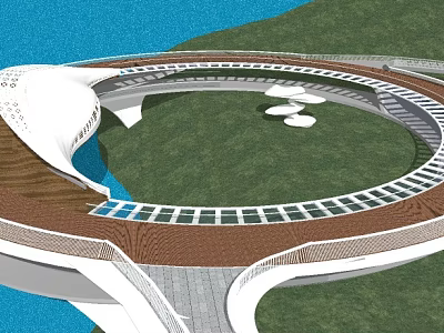 Waterfront Landscape Design With Circular Walkway Green Lawn Wooden Structure And White Architectural Elements 3d model