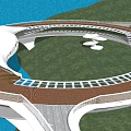 Waterfront Landscape Design With Circular Walkway Green Lawn Wooden Structure And White Architectural Elements