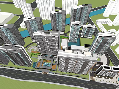 Modern Urban Residential Complex With High Rise Buildings Green Spaces And Water Features 3d model