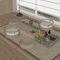 Japanese Style Wooden Tea Table and Chairs with Cushions Tea Set Fruits and Natural Light