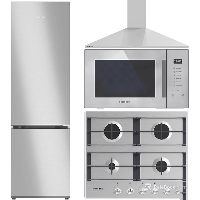 Samsung Stainless Steel Kitchen Appliances With Refrigerator Microwave And Cooktop 3d model 