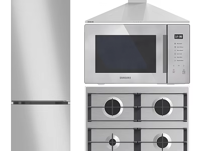 Samsung Stainless Steel Kitchen Appliances With Refrigerator Microwave And Cooktop 3d model