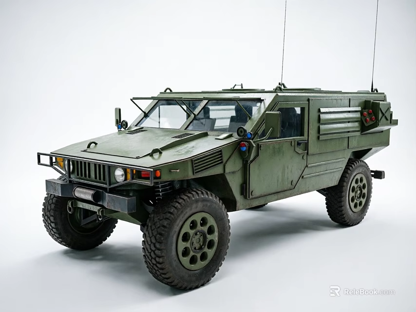 Military Green Off Road Vehicle With Large Tires And Roof Antennas Military Style Design 3d model 