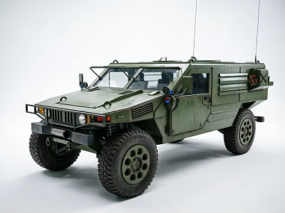 Military Green Off Road Vehicle With Large Tires And Roof Antennas Military Style Design 3d model