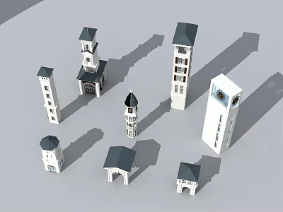 Diverse Architectural Tower Models With Different Structures Gray Roofs And White Exteriors 3d model