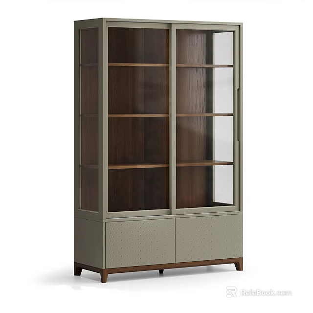 Modern Minimalist Display Cabinet With Glass Doors Wooden Shelves And Bottom Storage 3d model 