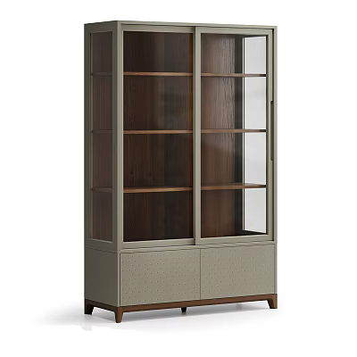 Modern Minimalist Display Cabinet With Glass Doors Wooden Shelves And Bottom Storage 3d model
