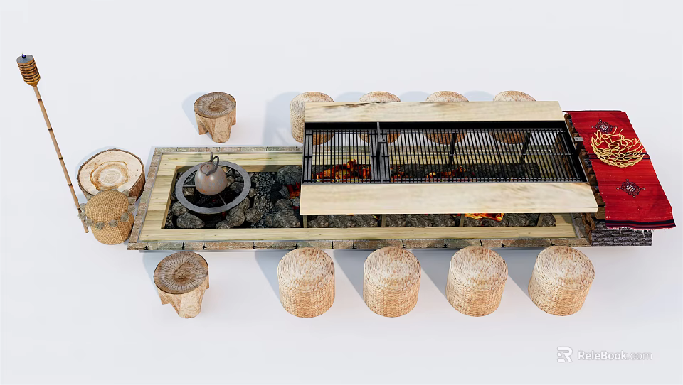 Traditional Outdoor Cooking Setup With Stone Stove Wicker Stools And Firewood 3d model 