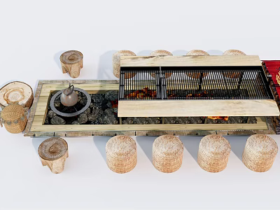 Traditional Outdoor Cooking Setup With Stone Stove Wicker Stools And Firewood 3d model