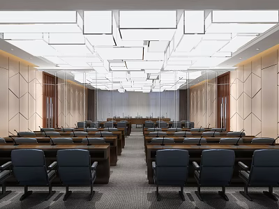 Modern Meeting Room Interior Design With Tables Chairs Ceiling Lights And Wall Decor 3d model