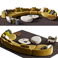 Modern Curved Yellow Sofa With Multicolored Cushions And Round Coffee Table Set 3d model