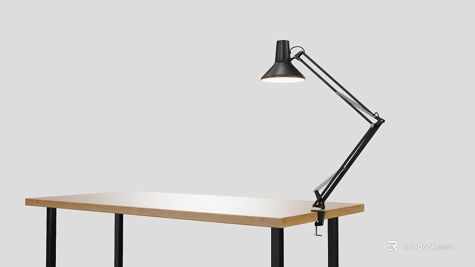 Modern Black Adjustable Arm Desk Lamp On Wooden Desk With Gray Background 3d model 