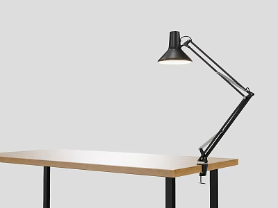 Modern Black Adjustable Arm Desk Lamp On Wooden Desk With Gray Background 3d model