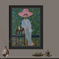 Portrait Painting Featuring Man in Pink Wide-Brimmed Hat with Green Leafy Background and Small Table