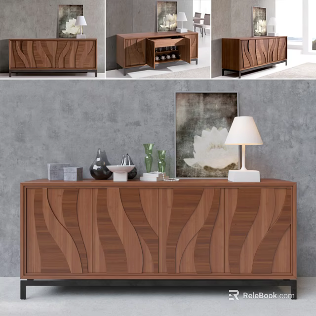 Modern Wooden Entryway Cabinet And Console Table With Wave Pattern And Decorative Items 3d model 