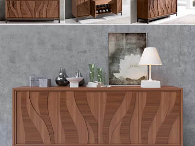 Modern Wooden Entryway Cabinet And Console Table With Wave Pattern And Decorative Items 3d model