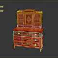 Red Wooden Dresser With Ornate Design Multiple Drawers And Upper Cabinet