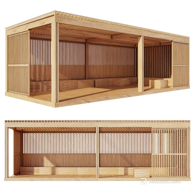 Traditional Japanese Wooden Room Interior With Sliding Screens And Tatami Seats 3d model 