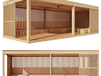 Traditional Japanese Wooden Room Interior With Sliding Screens And Tatami Seats 3d model
