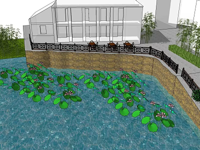 Decorative Stone Fence Along Pond With Lily Pads And Green Plants Near Building 3d model