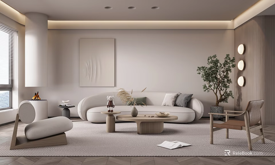 Modern Living Room Interior With Comfortable Sofa Coffee Table Wall Art And Green Plant 3d model 