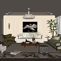 Stylish Living Room Interior Design With Sofa Set Chandelier Artwork And Area Rug