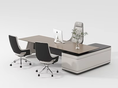 Modern Office Desk with Two Black Chairs White Monitor and Green Plant in Vase 3d model