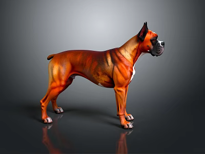 Brown And Black Brindle Boxer Dog Standing On Smooth Gray Background With Reflective Surface 3d model