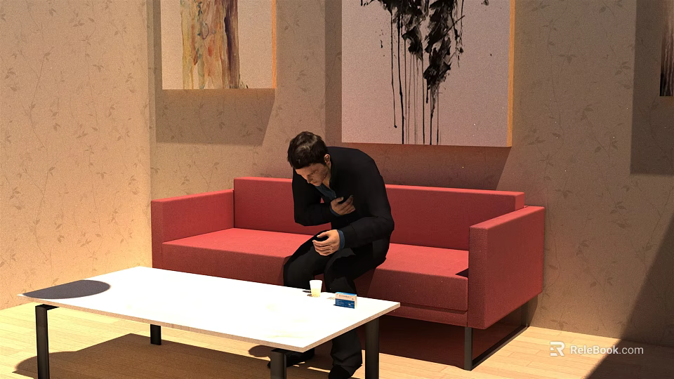 Man Sitting On Red Sofa Holding Mobile Phone With White Table Cup And Box 3d model 