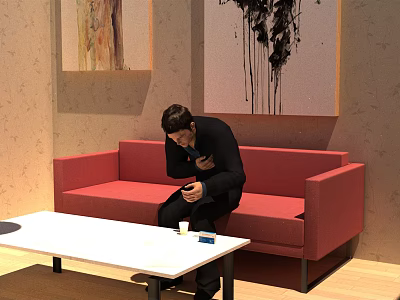 Man Sitting On Red Sofa Holding Mobile Phone With White Table Cup And Box 3d model