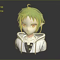 Game Movie Character with Green Hair Red Eyes Elf Ears in White Hoodie