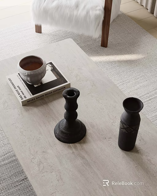 Light Colored Coffee Table With Tea Cup On Book And Black Vases 3d model 