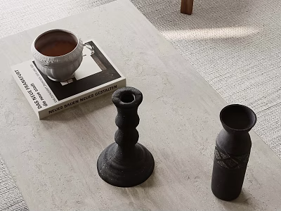 Light Colored Coffee Table With Tea Cup On Book And Black Vases 3d model