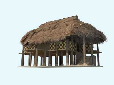 Traditional Thatch Roof House With Elevated Structure And Checkerboard Panels 3d model