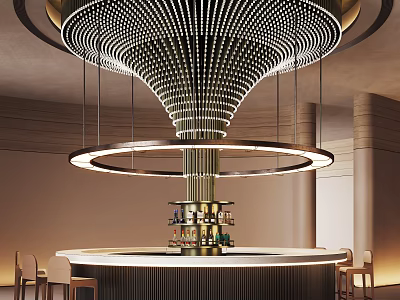 Elegant Modern Sales Office Interior With Circular Bar Counter Suspended Pendant Lights And Leather Chairs 3d model