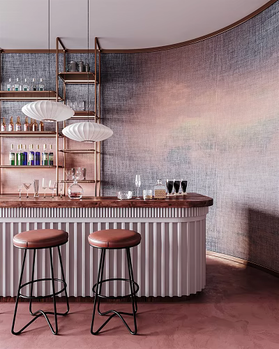 Elegant Bar Counter With Brown Stools Wooden Top Pendant Lights Shelves And Textured Gray Wall 3d model