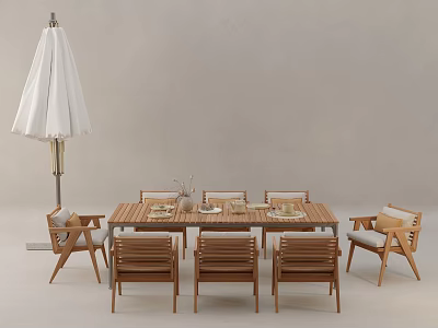 Outdoor Wooden Dining Table And Chairs Set With White Umbrella And Table Setting 3d model