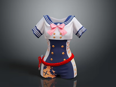 Sailor Style Short Sleeved Dress With Pink Bow Blue White Design And Red Belt 3d model