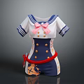 Sailor Style Short Sleeved Dress With Pink Bow Blue White Design And Red Belt
