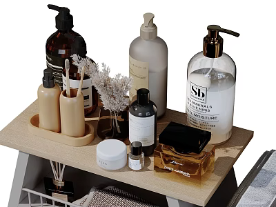 Modern Bathroom Accessories with Assorted Bottles Brushes Dried Flowers and Storage Tray 3d model
