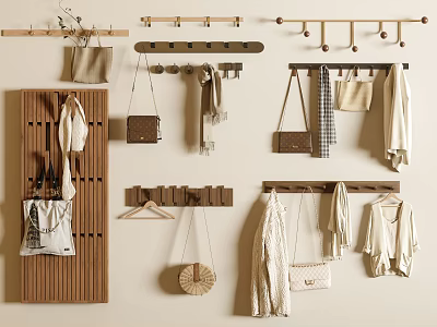 Modern Wooden Wall Mounted Hangers For Hanging Clothes Bags And Scarves 3d model